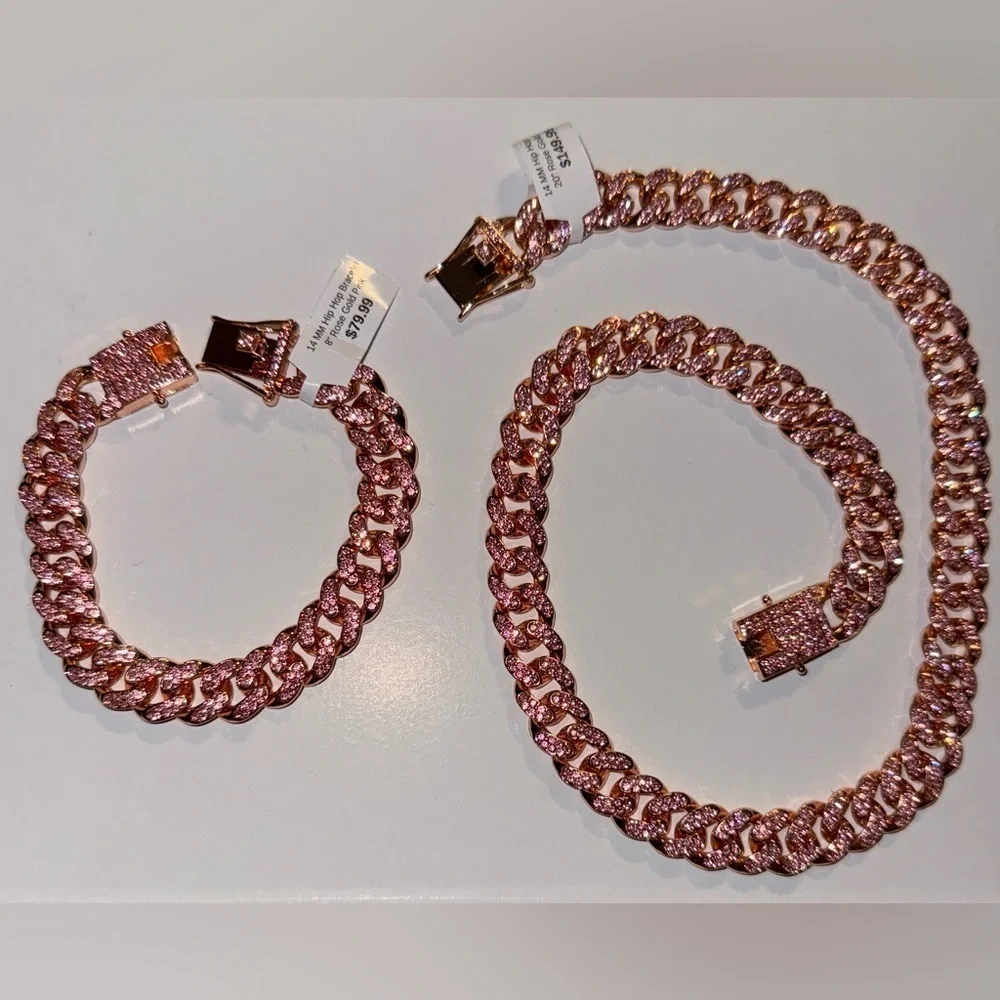 NEW 14MM HipHop Rose Gold Pink Braclet & Chain Set
